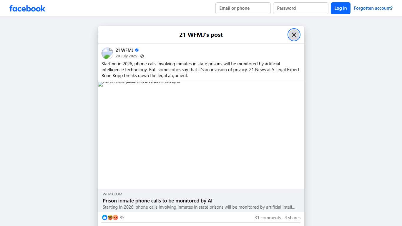 21 WFMJ - Starting in 2026, phone calls involving inmates... | Facebook